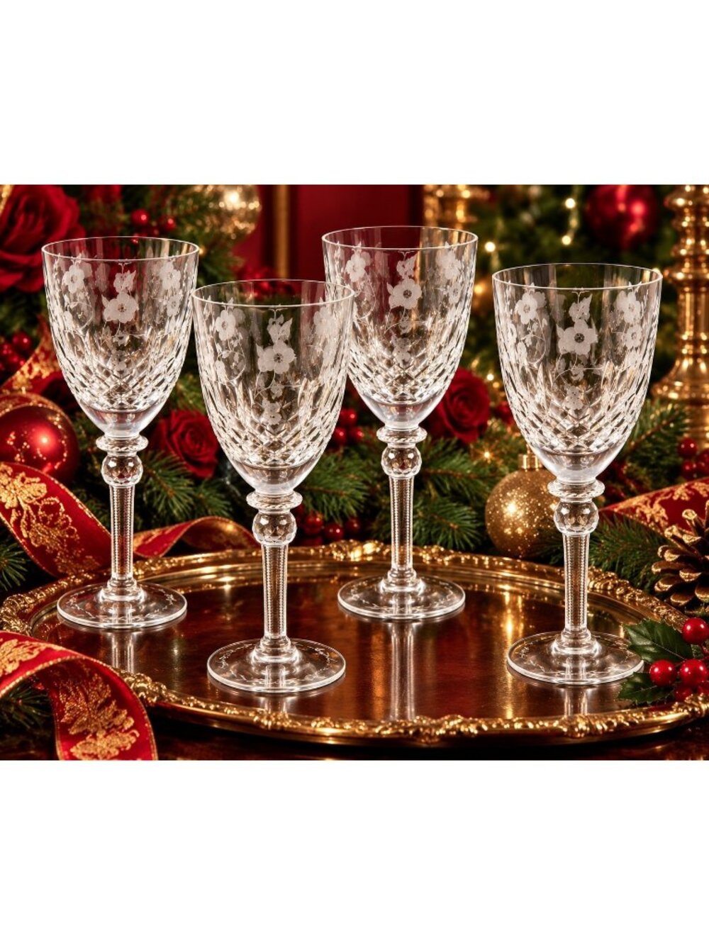 Rogaska Gallia 7 3/4" Floral Etched Wine Hocks Wine Glasses Set Of 4 Excellent